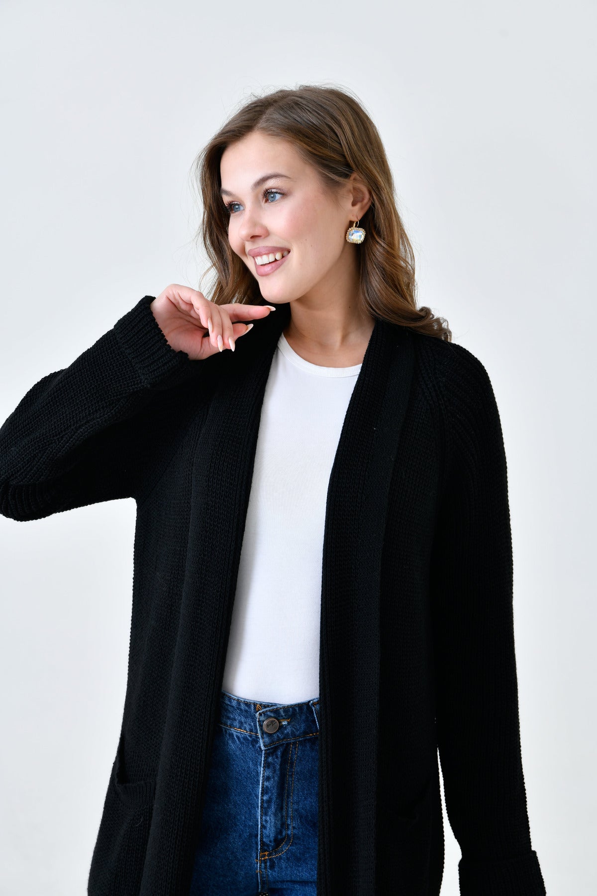 Langer Cardigan mit Schalkragen und doppelten Taschen