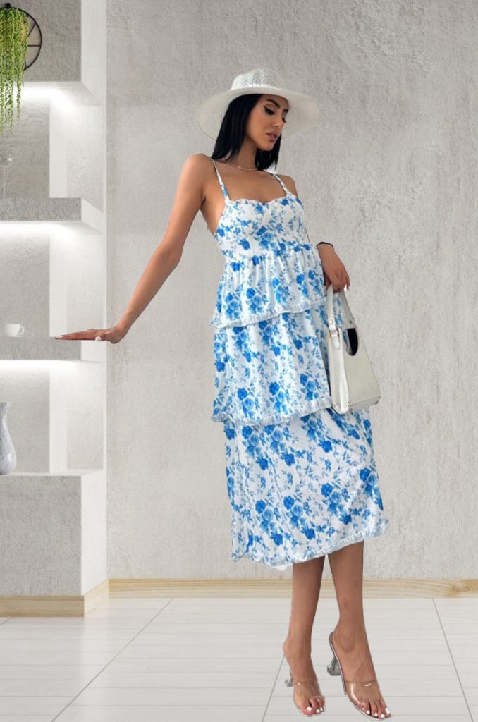 JANE'S Damen Trägerkleid Blumenmuster Single Jersey Midi-Kleid