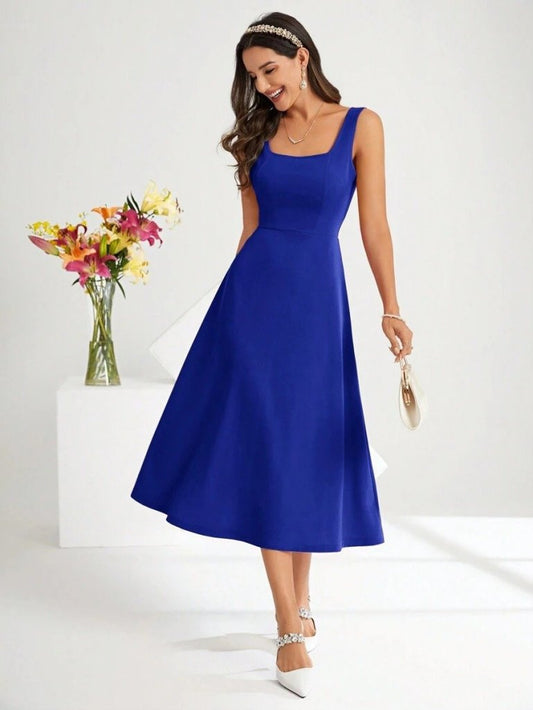 Damen Quadrat Hals Midi Krepp Kleid