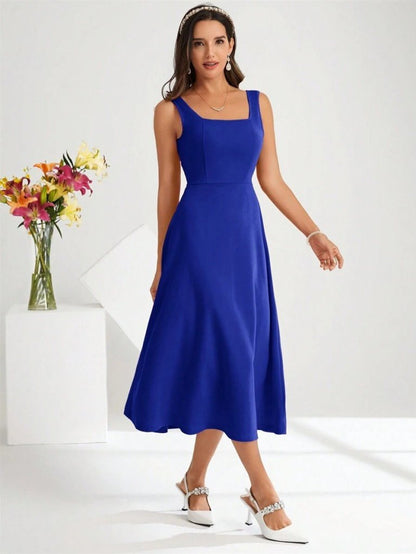 Damen Quadrat Hals Midi Krepp Kleid