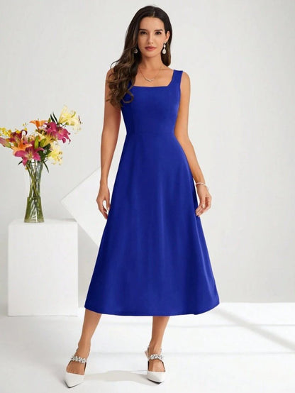 Damen Quadrat Hals Midi Krepp Kleid