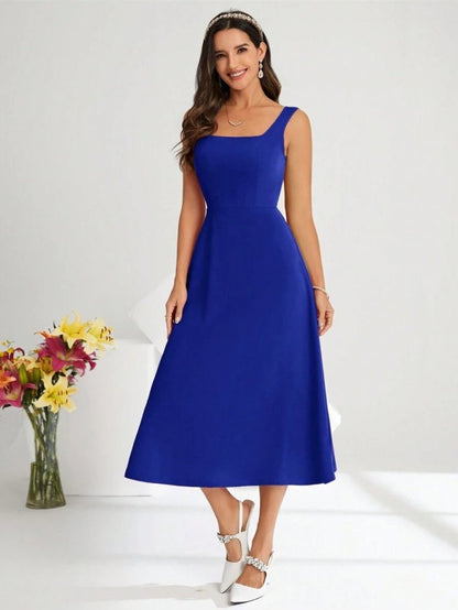 Damen Quadrat Hals Midi Krepp Kleid