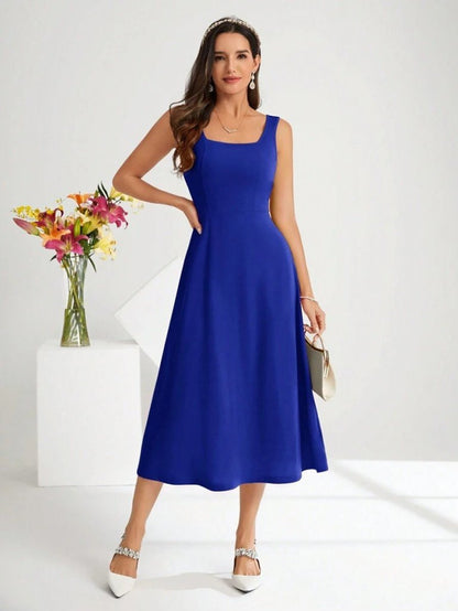 Damen Quadrat Hals Midi Krepp Kleid
