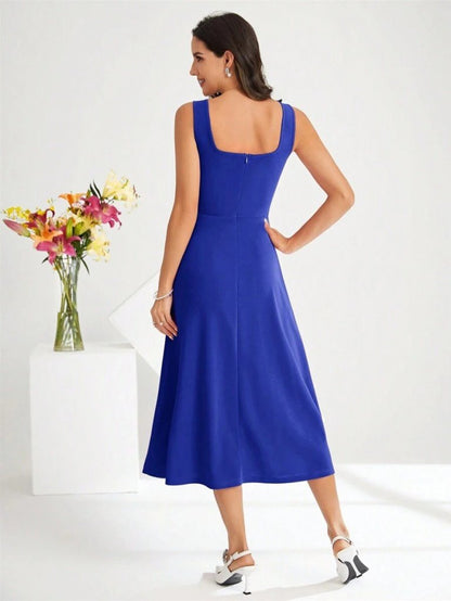 Damen Quadrat Hals Midi Krepp Kleid