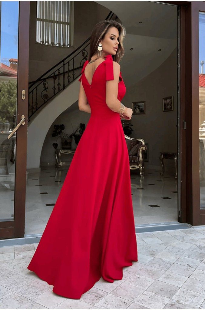 JANE'S Damen V-Ausschnitt Maxikleid mit Schulterriemen und Seitenschlitz aus schimmerndem Crepe-Stoff