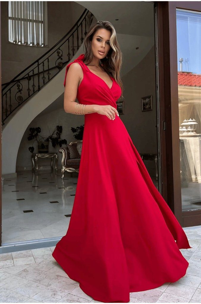 JANE'S Damen V-Ausschnitt Maxikleid mit Schulterriemen und Seitenschlitz aus schimmerndem Crepe-Stoff