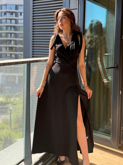 JANE'S Damen Träger Schulter Bindung Doppelreihiger Kragen Langer Schlitz Janjan Crepe Kleid