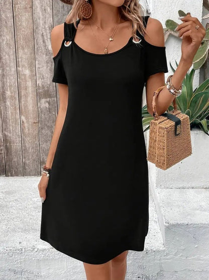 JANE'S Damen Trägerloses Kurzarm-Kleid mit Eyelet-Details aus Viskose