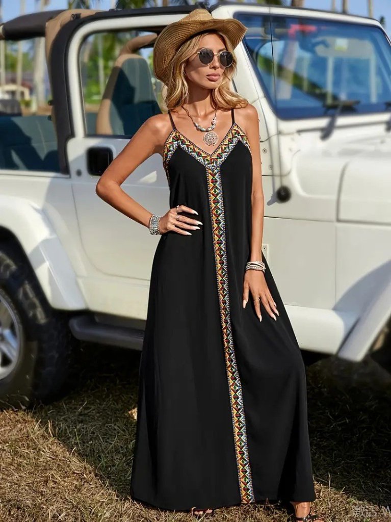 JANE'S Damen Trägerkleid V-Ausschnitt Ethno-Streifen Lang Viskose