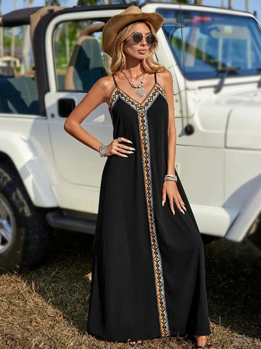 JANE'S Damen Trägerkleid V-Ausschnitt Ethno-Streifen Lang Viskose
