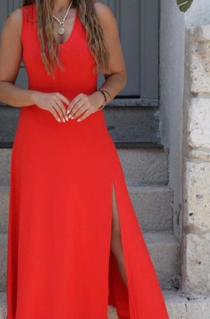 JANE'S Damen Trägerkleid V-Ausschnitt Schlitz Viskosekleid