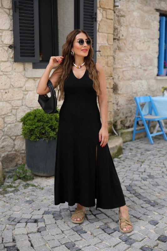 JANE'S Damen Trägerkleid V-Ausschnitt Schlitz Viskosekleid