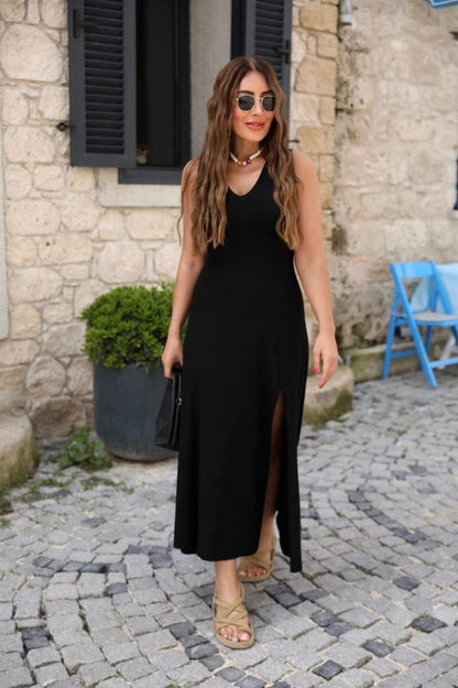JANE'S Damen Trägerkleid V-Ausschnitt Schlitz Viskosekleid