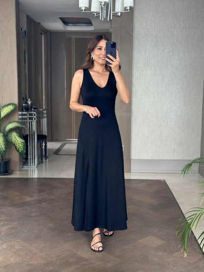 JANE'S Damen Trägerkleid V-Ausschnitt Schlitz Viskosekleid