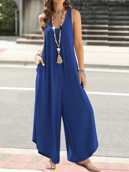 Damen Ärmelloses Rundhals Taschen Weites Langes Jumpsuit