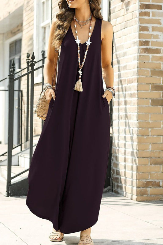 Damen Ärmelloses Rundhals Taschen Weites Langes Jumpsuit