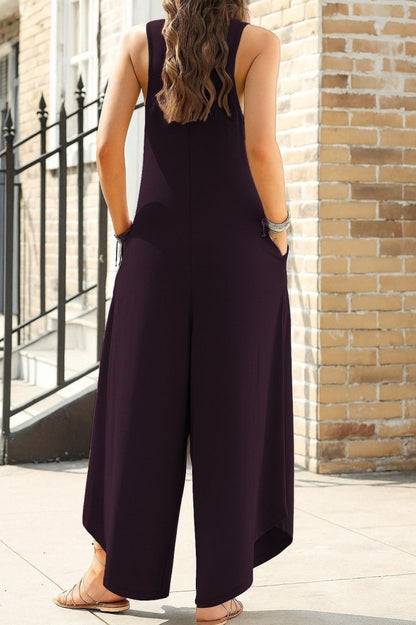 Damen Ärmelloses Rundhals Taschen Weites Langes Jumpsuit