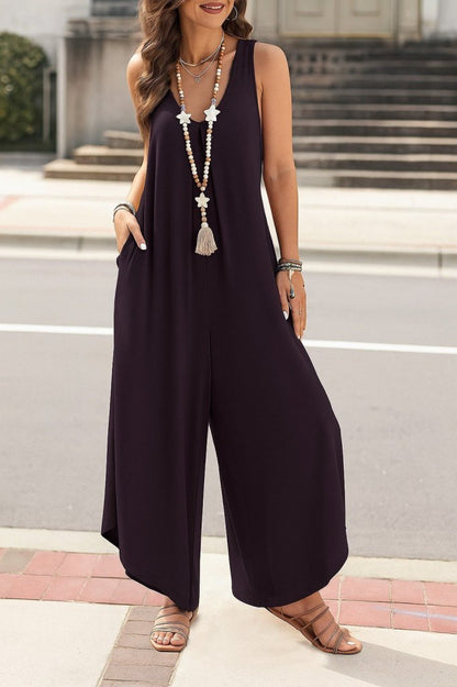 Damen Ärmelloses Rundhals Taschen Weites Langes Jumpsuit