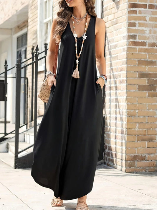 JANE'S Damen Ärmelloses Rundhals Taschen Weites Langes Jumpsuit