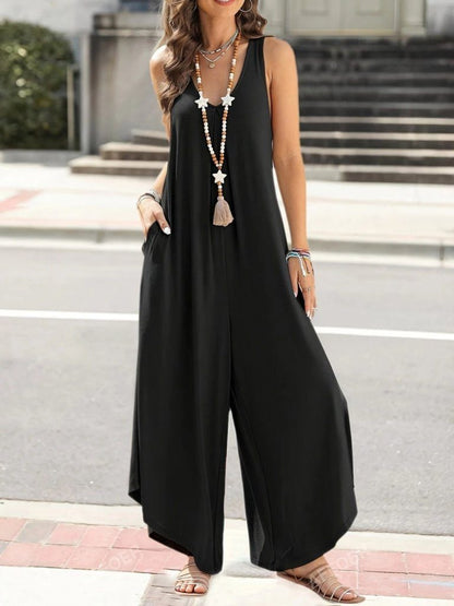 JANE'S Damen Ärmelloses Rundhals Taschen Weites Langes Jumpsuit