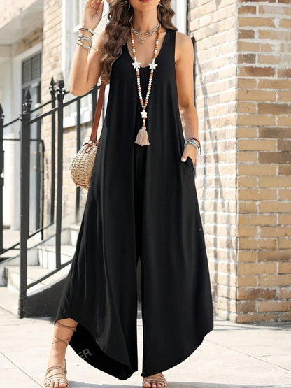 JANE'S Damen Ärmelloses Rundhals Taschen Weites Langes Jumpsuit