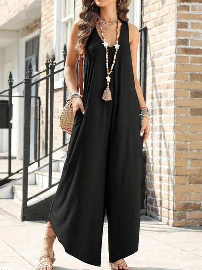 JANE'S Damen Ärmelloses Rundhals Taschen Weites Langes Jumpsuit