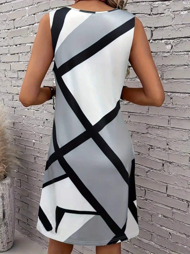 JANE'S Damen Trägerloses Rundhals Geometrisches Kurzes Jersey-Kleid