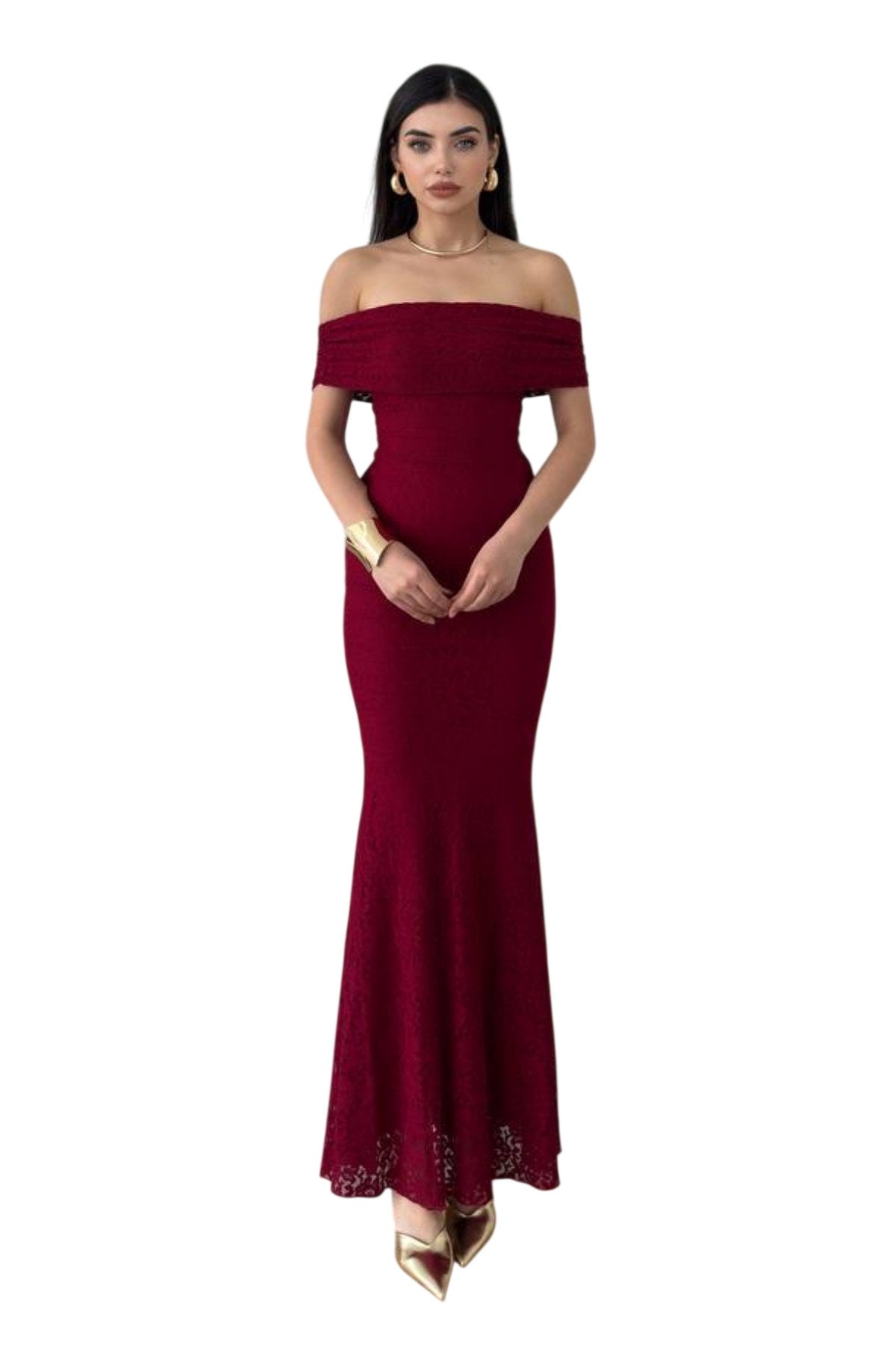 Damenkleid aus gefüttertem Spitzenstoff, Madonna-Ausschnitt, ärmellos, burgunderrot, Brautkleid 367