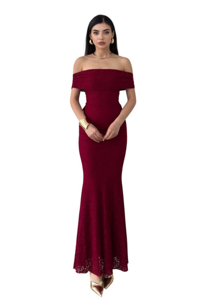 Damenkleid aus gefüttertem Spitzenstoff, Madonna-Ausschnitt, ärmellos, burgunderrot, Brautkleid 367
