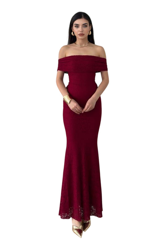 Damenkleid aus gefüttertem Spitzenstoff, Madonna-Ausschnitt, ärmellos, burgunderrot, Brautkleid 367