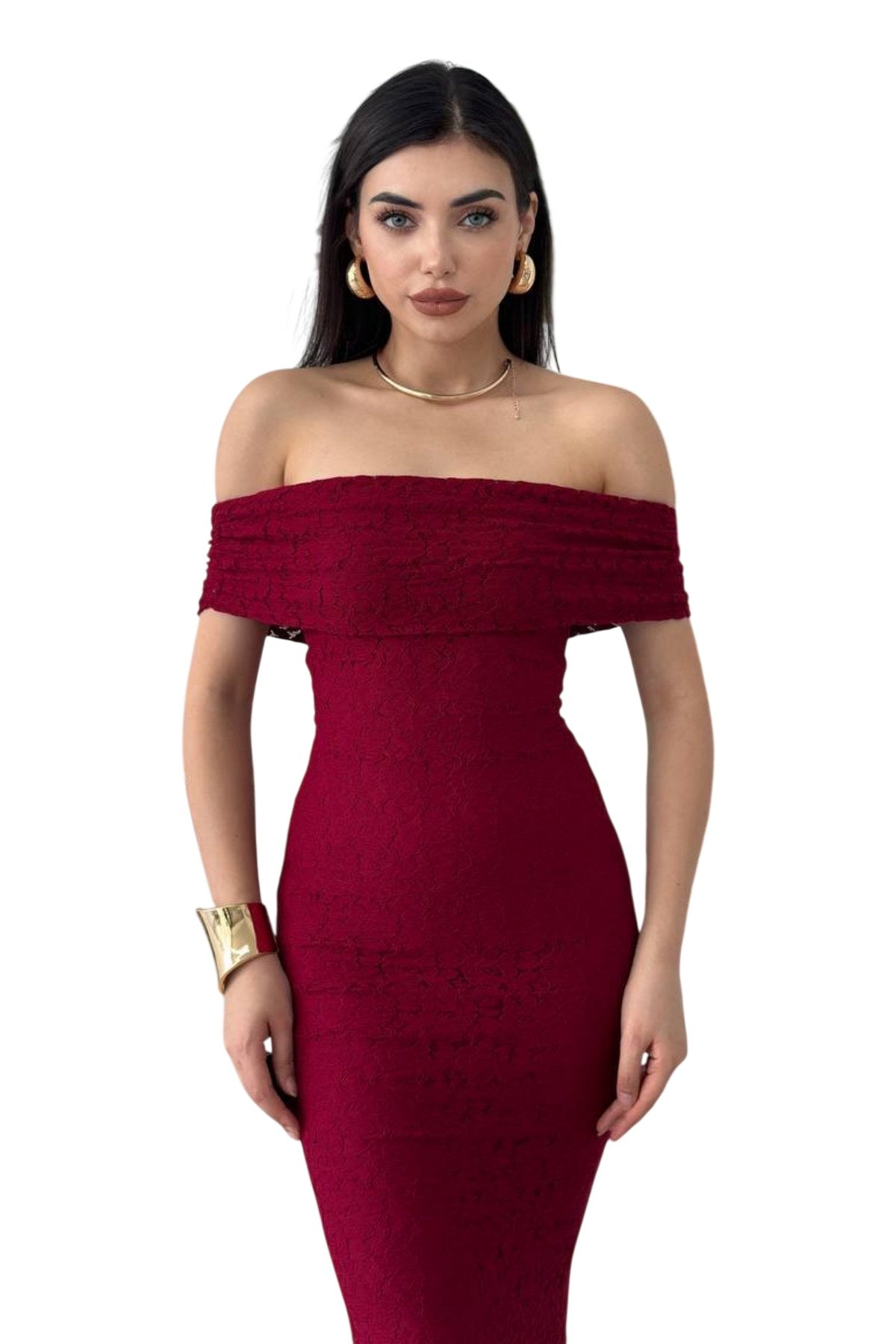 Damenkleid aus gefüttertem Spitzenstoff, Madonna-Ausschnitt, ärmellos, burgunderrot, Brautkleid 367
