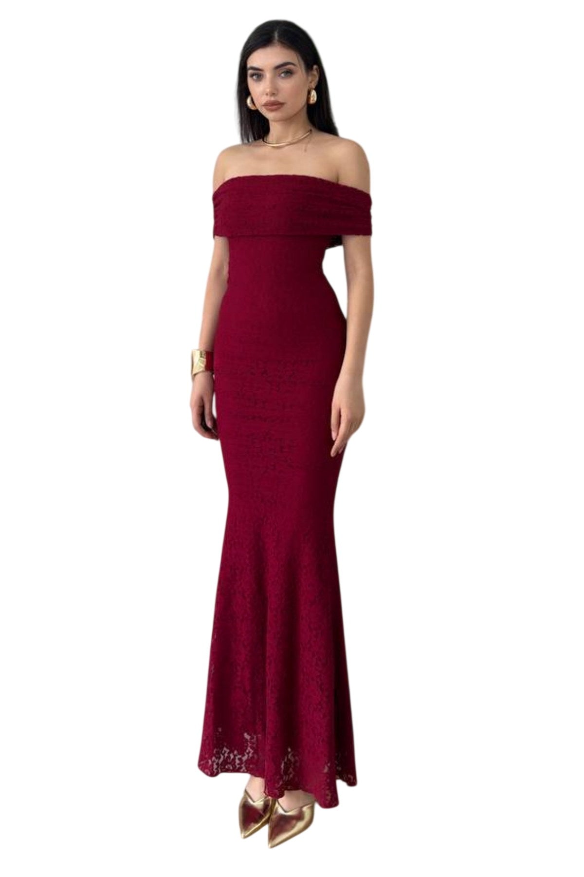 Damenkleid aus gefüttertem Spitzenstoff, Madonna-Ausschnitt, ärmellos, burgunderrot, Brautkleid 367
