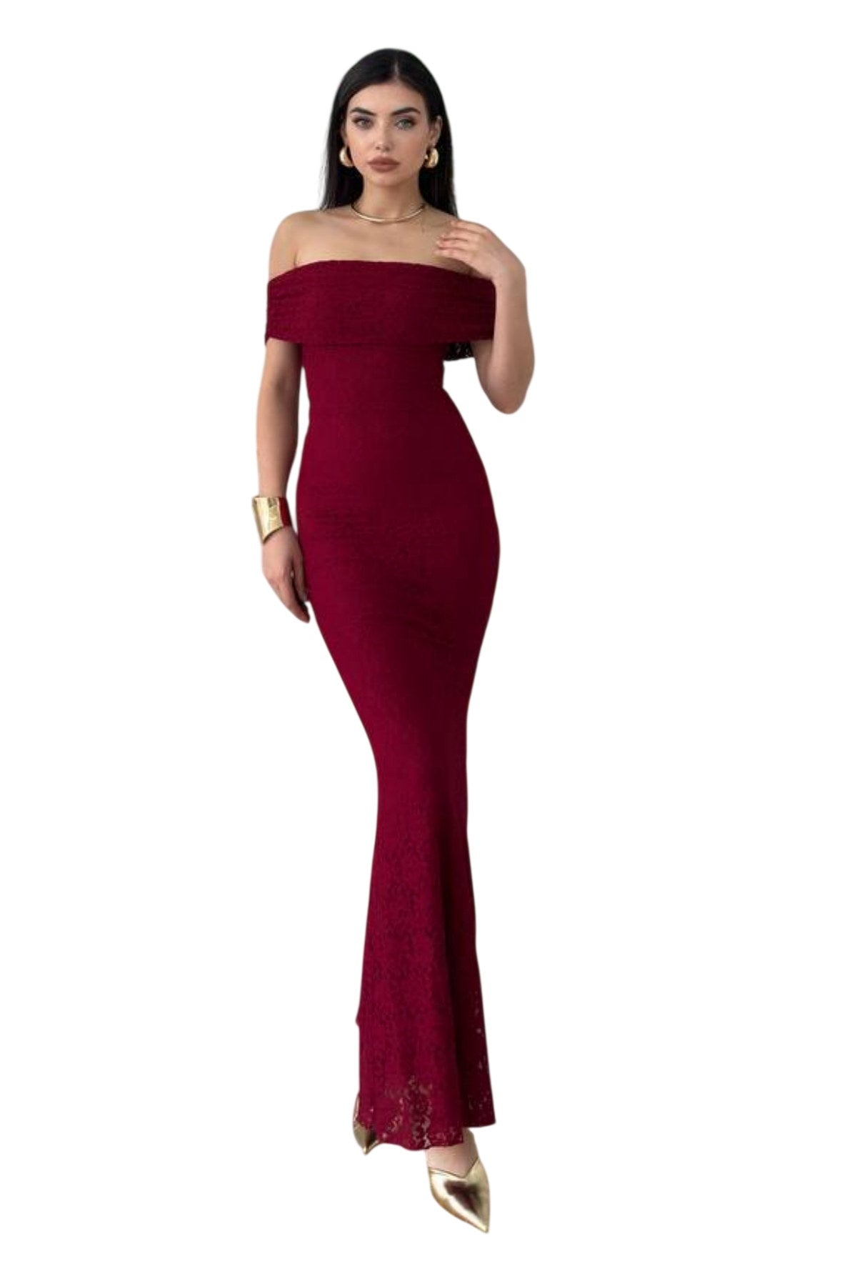 Damenkleid aus gefüttertem Spitzenstoff, Madonna-Ausschnitt, ärmellos, burgunderrot, Brautkleid 367