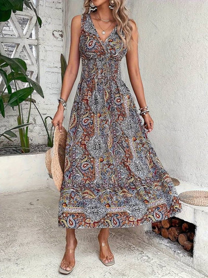 Damen Ethno-Print ärmelloses Maxikleid