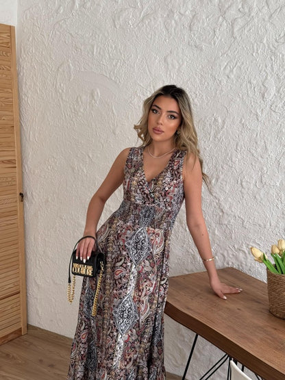 Damen Ethno-Print ärmelloses Maxikleid