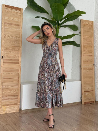 Damen Ethno-Print ärmelloses Maxikleid