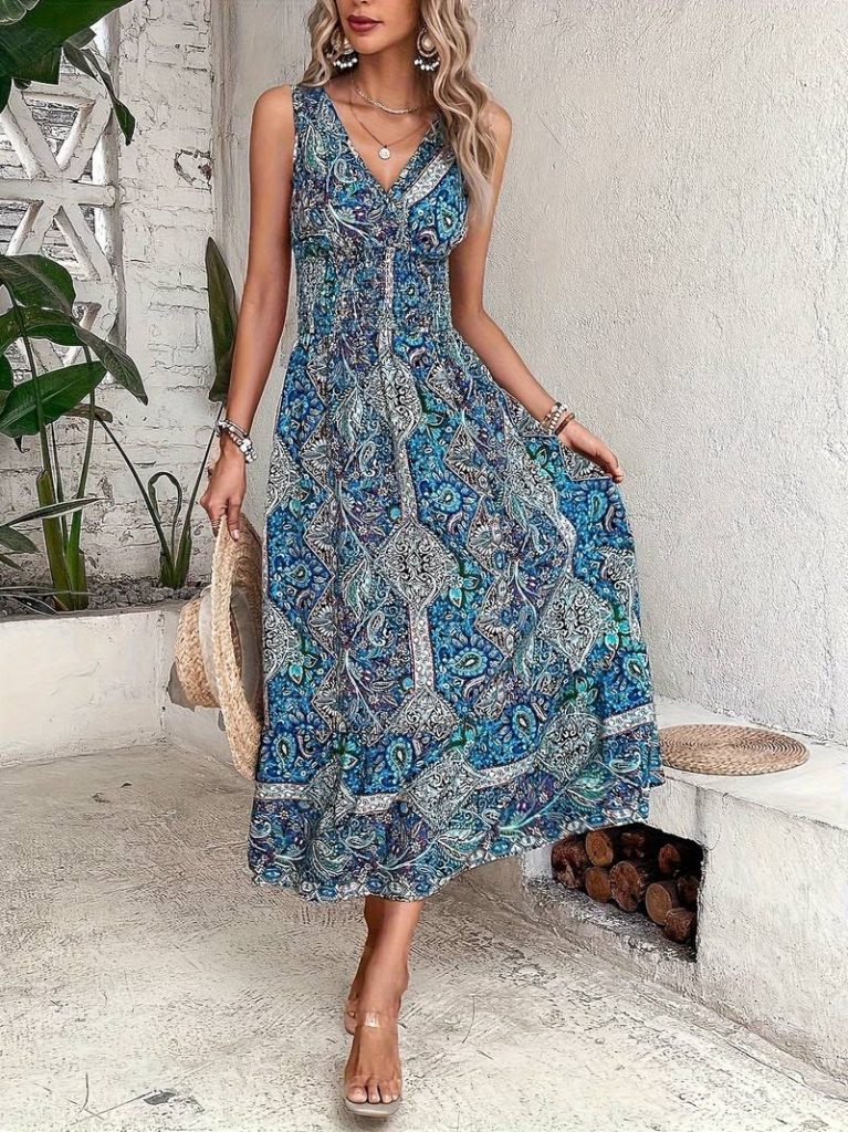 Damen Ethno-Print ärmelloses Maxikleid