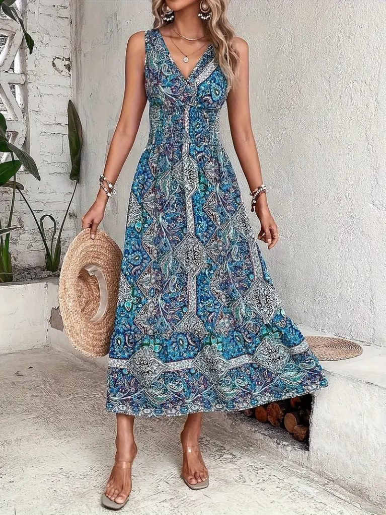 Damen Ethno-Print ärmelloses Maxikleid