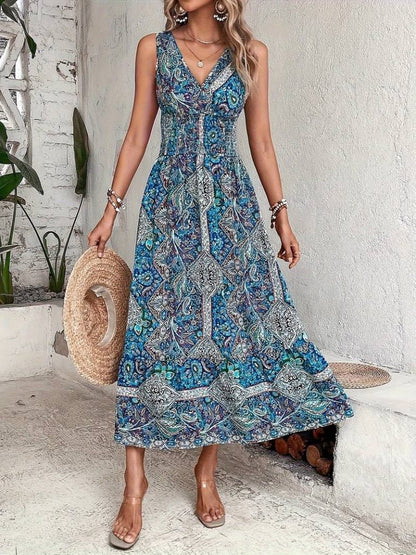 Damen Ethno-Print ärmelloses Maxikleid