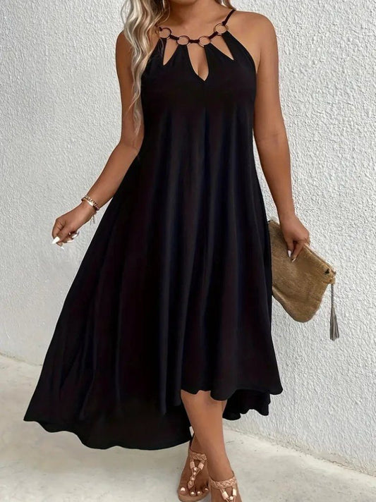 JANE'S Damen Halter Neck Drop Detail Ring Asymmetrisches Viskose Kleid