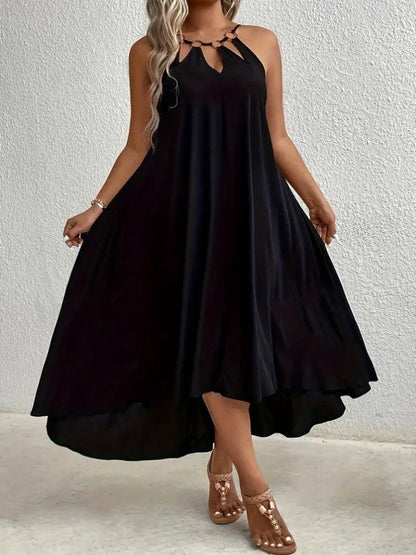 JANE'S Damen Halter Neck Drop Detail Ring Asymmetrisches Viskose Kleid
