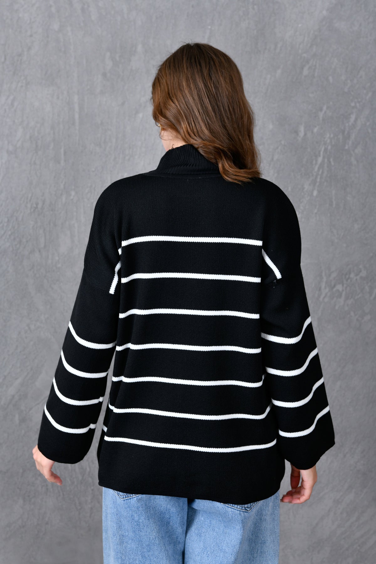 Weitärmeliger, Stehkragen, langärmeliger Oversize-Strickpullover mit Streifenmuster