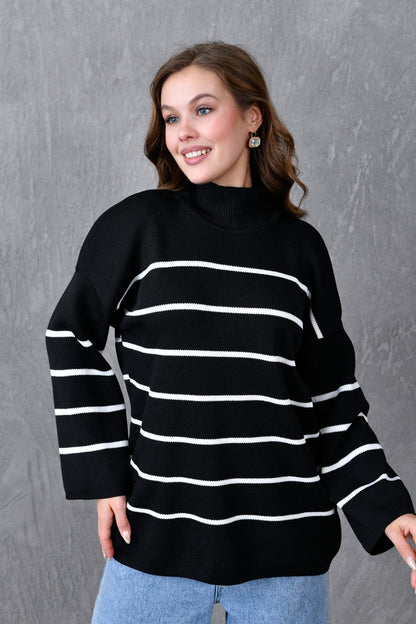Weitärmeliger, Stehkragen, langärmeliger Oversize-Strickpullover mit Streifenmuster
