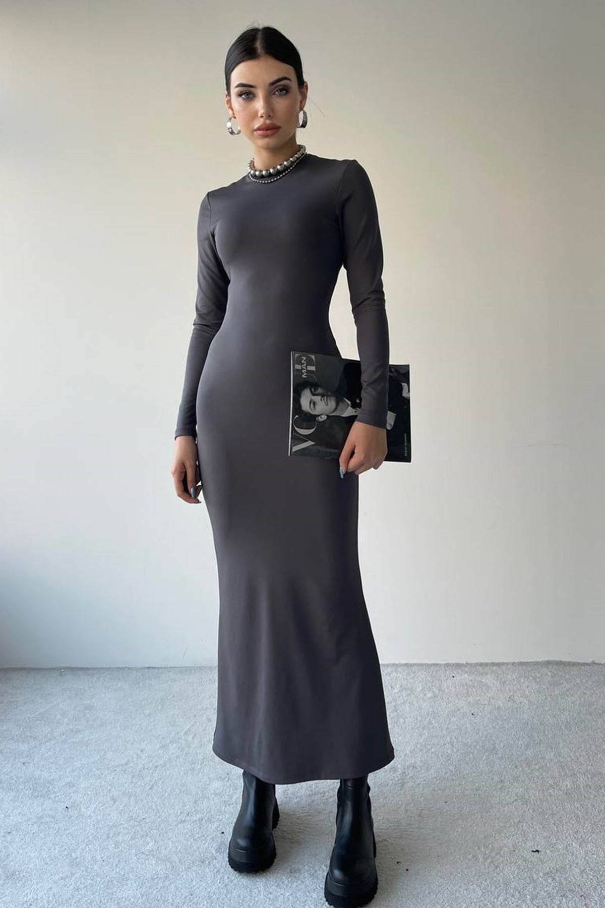 Langärmeliges Midi-Abendkleid