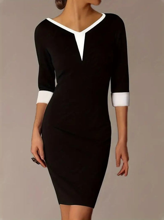 JANE'S Damen Kurzarm V-Ausschnitt Blockfarbenes Kreppkleid