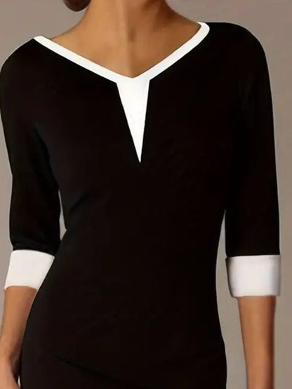 JANE'S Damen Kurzarm V-Ausschnitt Blockfarbenes Kreppkleid