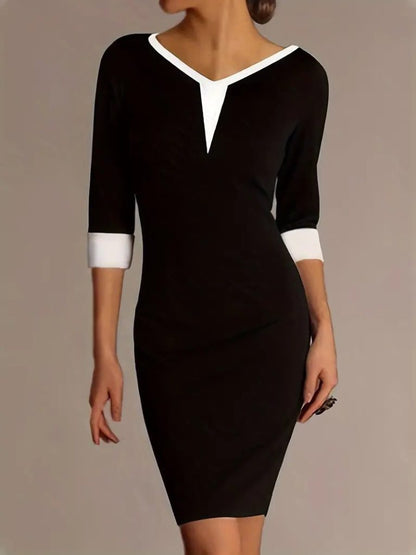 JANE'S Damen Kurzarm V-Ausschnitt Blockfarbenes Kreppkleid