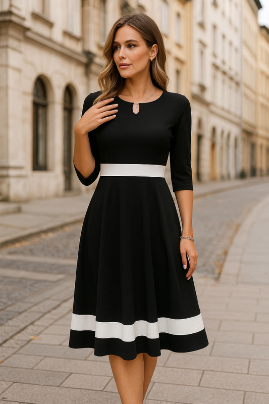 JANE'S Damen Kurzarm Offener Kragen Blockfarbe Crepe Midi Kleid