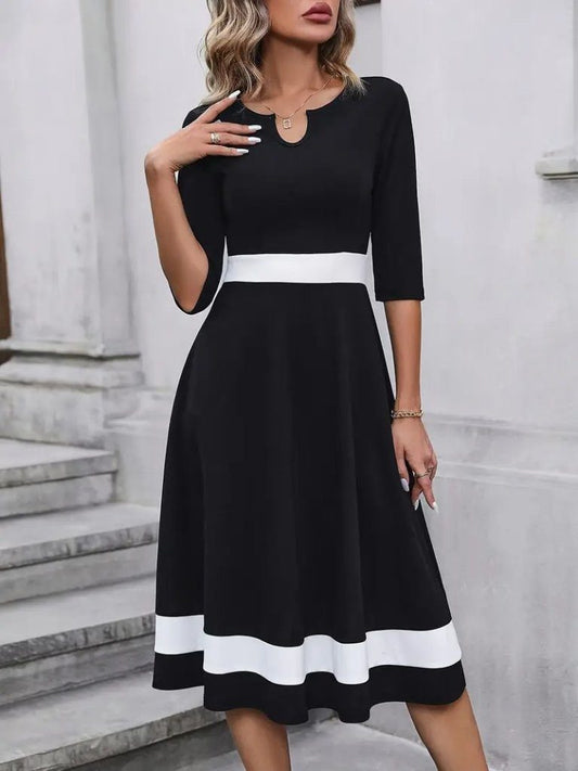 JANE'S Damen Kurzarm Offener Kragen Blockfarbe Crepe Midi Kleid