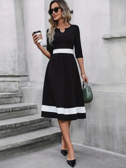 JANE'S Damen Kurzarm Offener Kragen Blockfarbe Crepe Midi Kleid